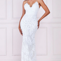 Дълга Бяла Официална Блестяща Бална Рокля Презрамки Пайети