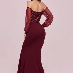 Дълга Вечерна Рокля Бордо Ръкави