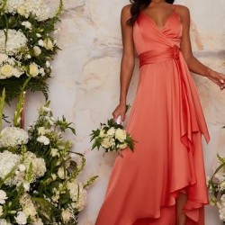 Бална Дълга Рокля Цвят Корал Цепка Бална Дълга Рокля Цвят Корал Цепка