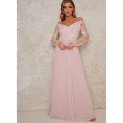 Дълга Бална Рoзова Рокля Шифон Бюстие Дантела Дълга Бална Рoзова Рокля Шифон Бюстие Дантела