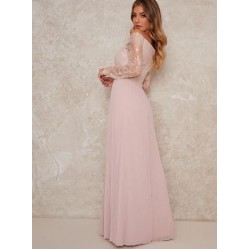 Дълга Бална Рoзова Рокля Шифон Бюстие Дантела Дълга Бална Рoзова Рокля Шифон Бюстие Дантела