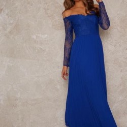 Бална Дълга Синя Рокля за Коктейл с Бюстие Дантела