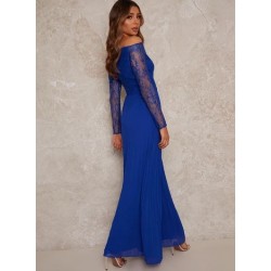 Бална Дълга Синя Рокля за Коктейл с Бюстие Дантела Бална Дълга Синя Рокля за Коктейл с Бюстие Дантела