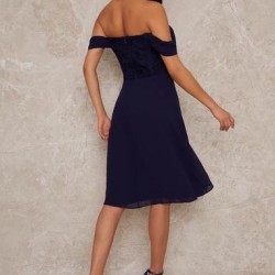 Елегантна Синя Рокля Средна Дължина Бюстие Дантела