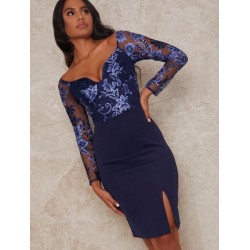 Елегантна Къса Синя Права Рокля Деколте Ръкави