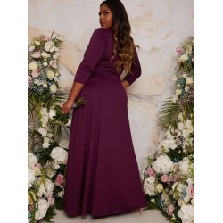 Дълга Офицална Рокля Макси Размери с Ръкави и Цепка