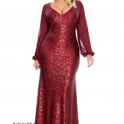 Елегантна Блестяща  Дълга Рокля Цвят Бордо Макси Дами Ръкави