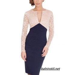 Елегантна Къса Рокля Тъмносиня с Дантела Капучино