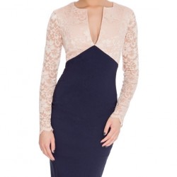 Елегантна Къса Рокля Тъмносиня с Дантела Капучино